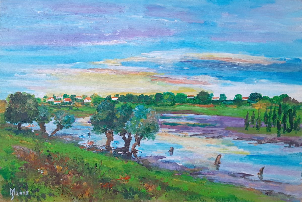 Impressionistic Landscape Acrylic Painting By Zoran Mihajlovic Muza, 15 X 10", Sunset, Original Artwork