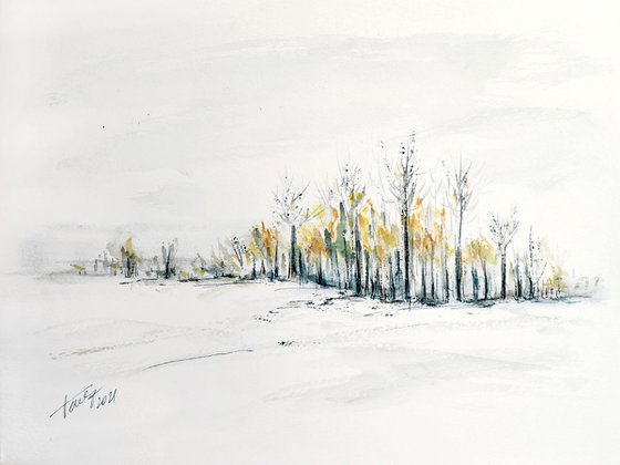 Winter calmness - original watercolor and ink painting