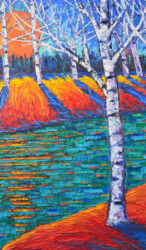 FALL BIRCHES AT SUNRISE 70x50 cm palette knife landscape contemporary impressionistic oil painting by ANA MARIA EDULESCU