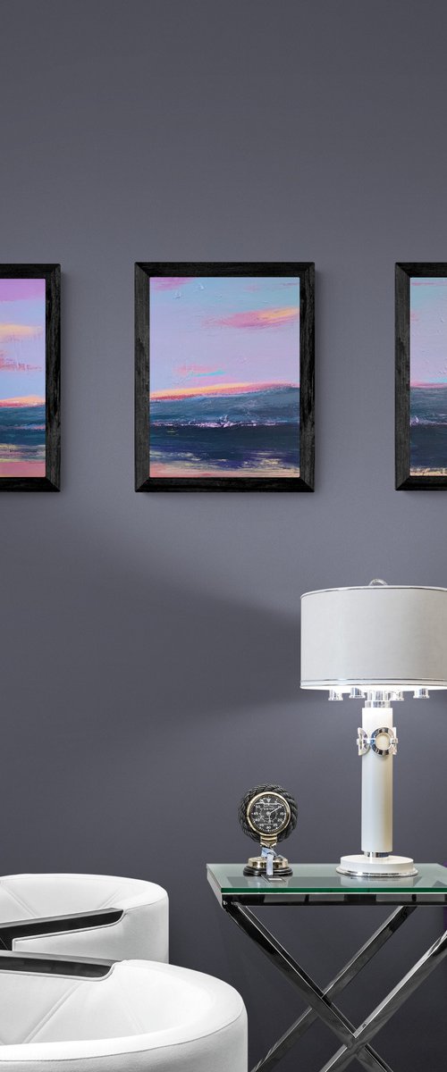 Bright landscape - "Violet mountain" - Seascape - Triptych - Minimalism - Sunset by Yaroslav Yasenev