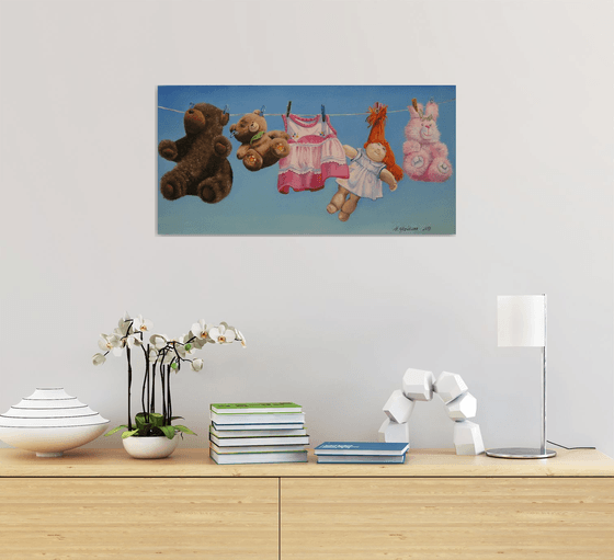 Adorable Nursery Wall Art: Serene Sky with Teddy Bears and Pink Bunny