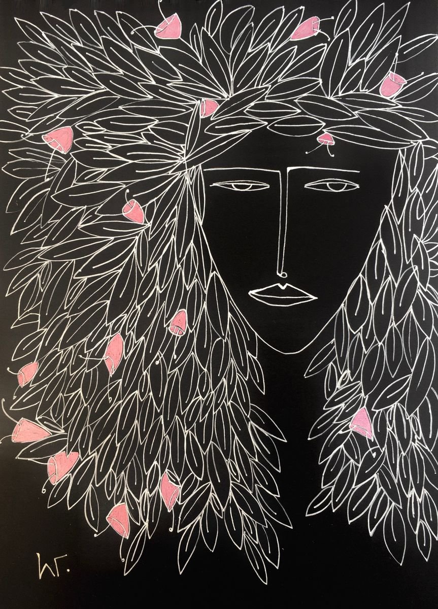 Naive Portrait Drawing By Irina Goleva, 8 X 11, Camellia, Original Artwork