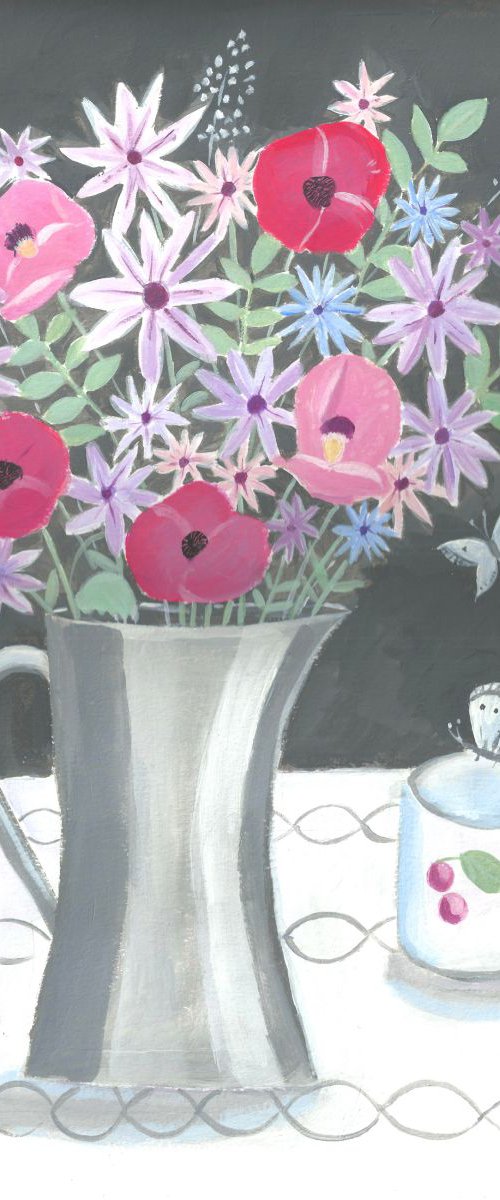 Flowers in a pewter jug by Mary Stubberfield