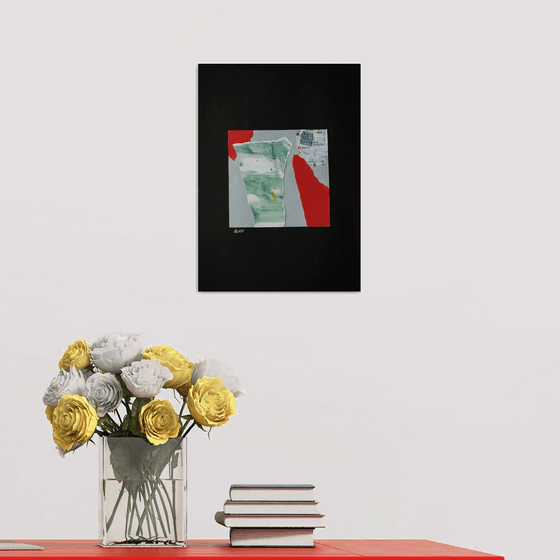 Minimalistic collage. Small artwork. Madrid series. 10. Red and green on black abstract interior gallery wall composition office home decor recycle