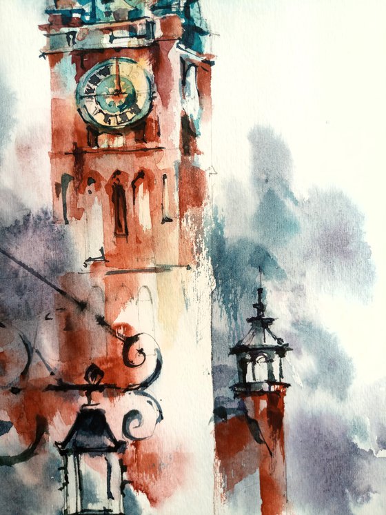 "Town Hall in Gdansk. Poland" architectural landscape - Original watercolor painting
