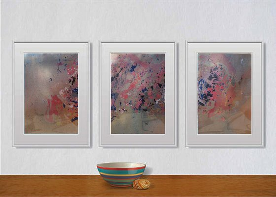 Set of 3 Fluid abstract original paintings on carton - 18J047