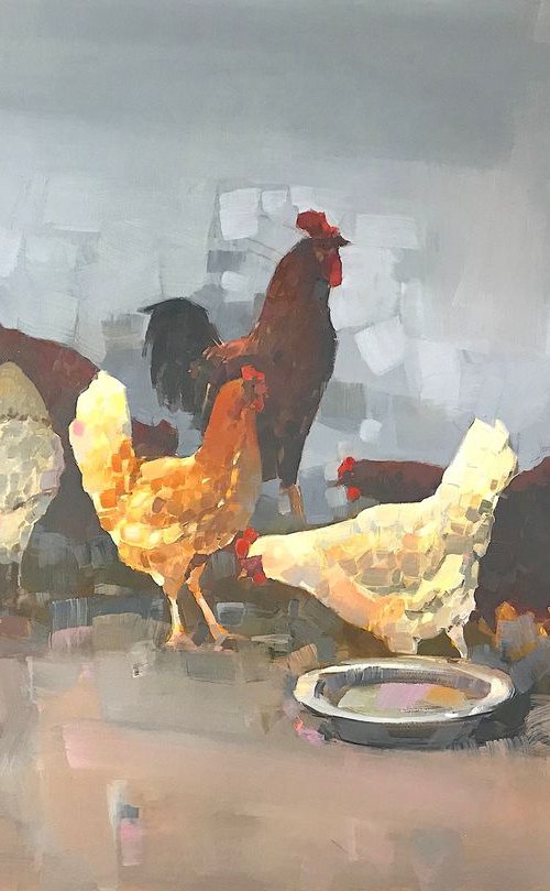 Hens, oil painting, One of a kind, Signed, Handmade artwork by Vahe Yeremyan