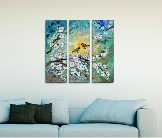 Singing of Spring - three pieces canvas, triptych, painting