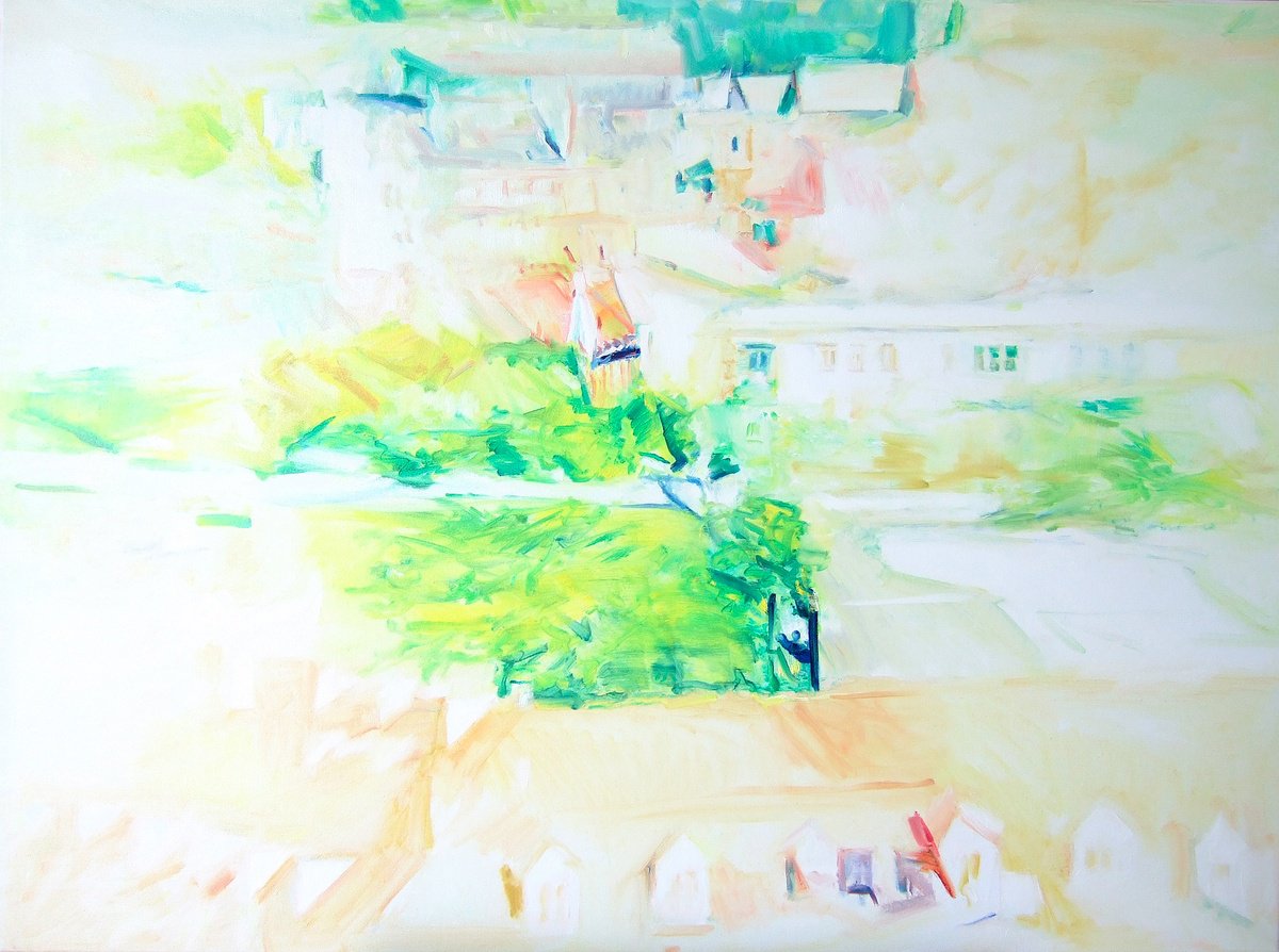 Geometric Landscape Oil Painting By Sebastian Rudko, 39 X 29", Pulse, Original Artwork