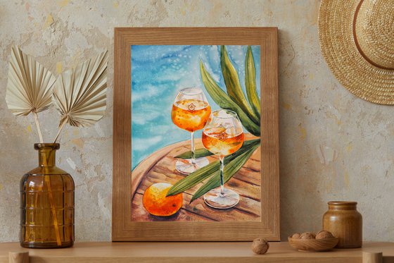 Time for two - original summer watercolor with aperol, orange and palm leaves on the wood table