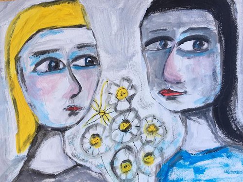 Two Friends - Ladies Woman Figurative Xmas Special flowers by Sharyn Bursic