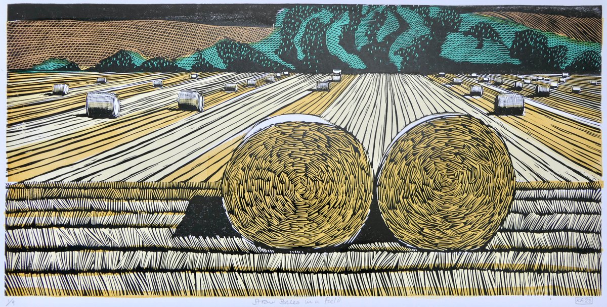 Illustrative Landscape Linocut By Keith Alexander, 28 X 14", Straw Bales In A Field, Original Artwork