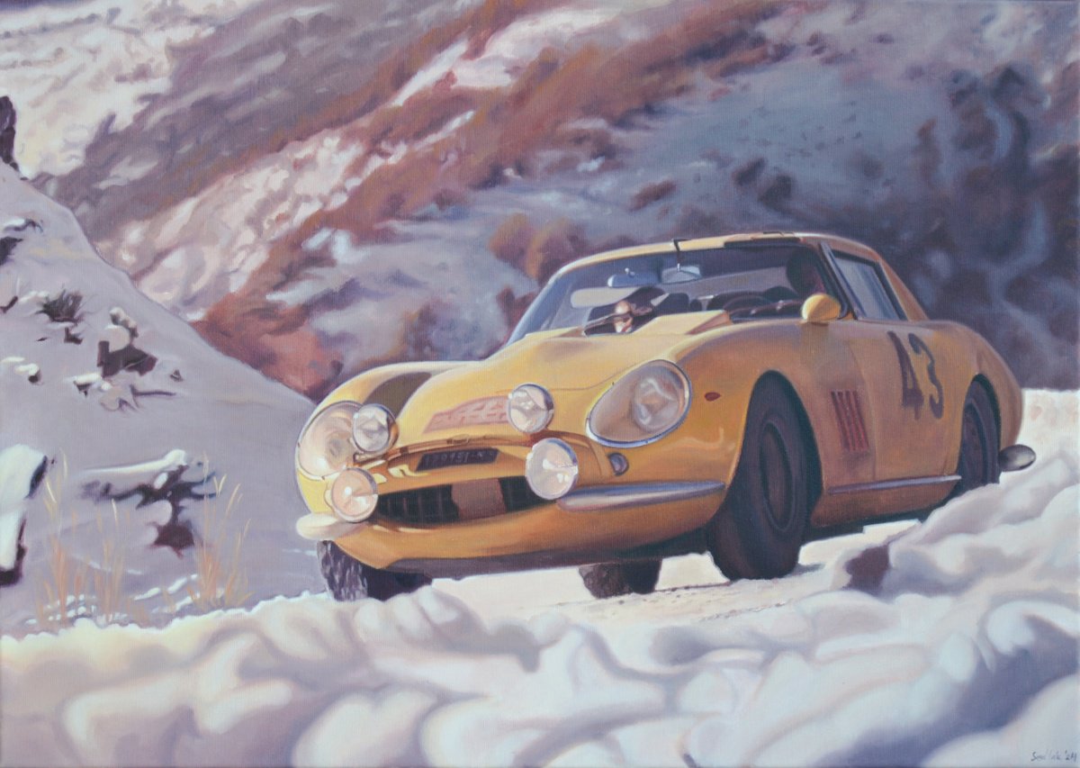 Photorealistic Transport Oil Painting By Roman Sedlak, 28 X 20", Rallye Monte Carlo 66, Original Artwork