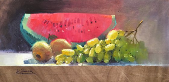 Still life with grapes and watermelon