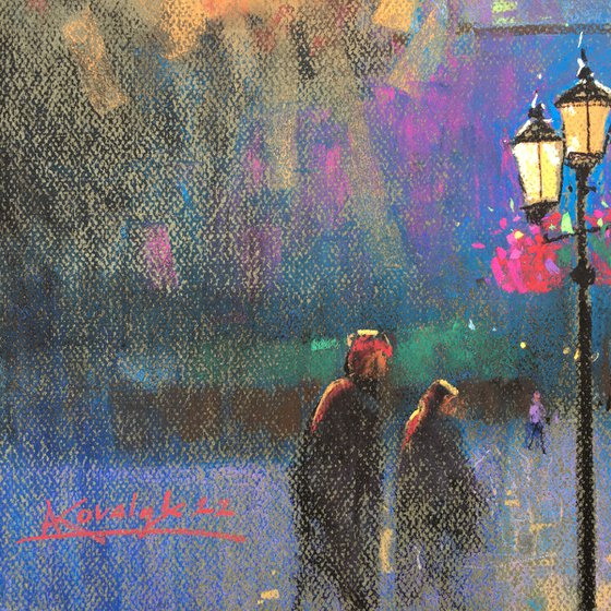 Light. Ukrainian city of Lviv. Soft pastel drawing 19.6x19.6 inch (50x50 cm)