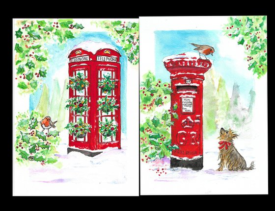 Red mailbox and phone box Christmas