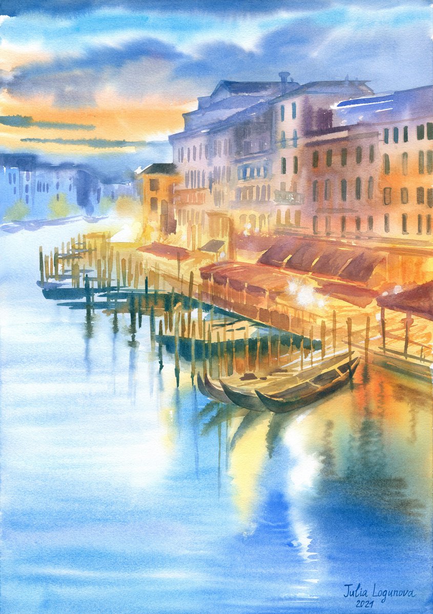 Night Venice Italy Original Watercolor cityscape Gift Anniversary home decor canals gondol... by Julia Logunova