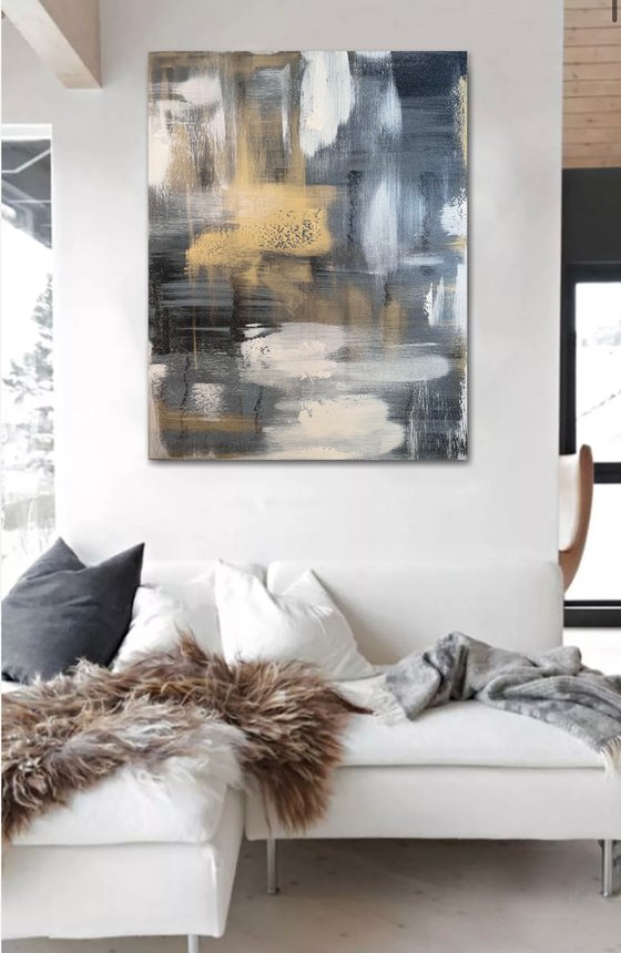 100x80cm Black and gold. Gray and gold abstract painting. Nacre.