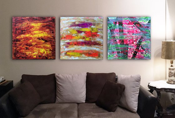 "Something For Everyone" - Save As Series - Original Large PMS Abstract Triptych Acrylic Paintings On Canvas - 90" x 30"