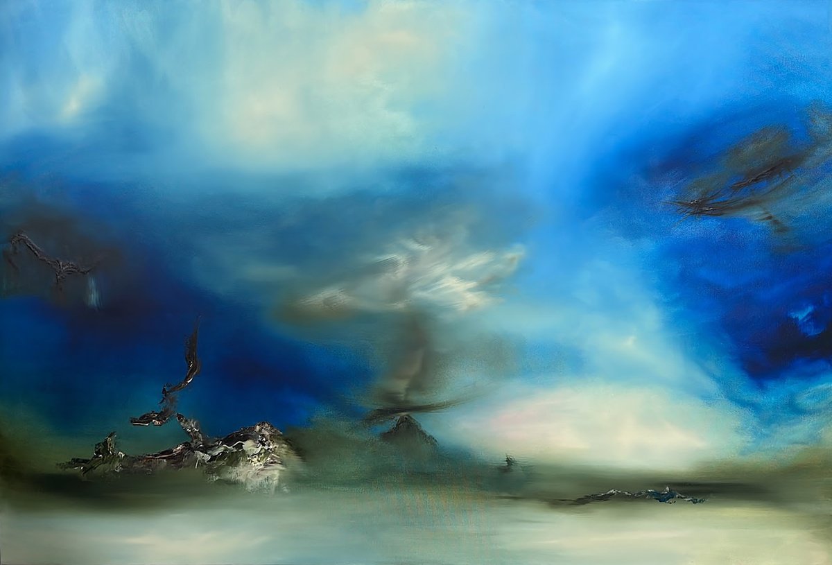 Abstract Landscape Oil Painting By Julia Swaby, 59 X 39", Allegory In Blue, Original Artwork