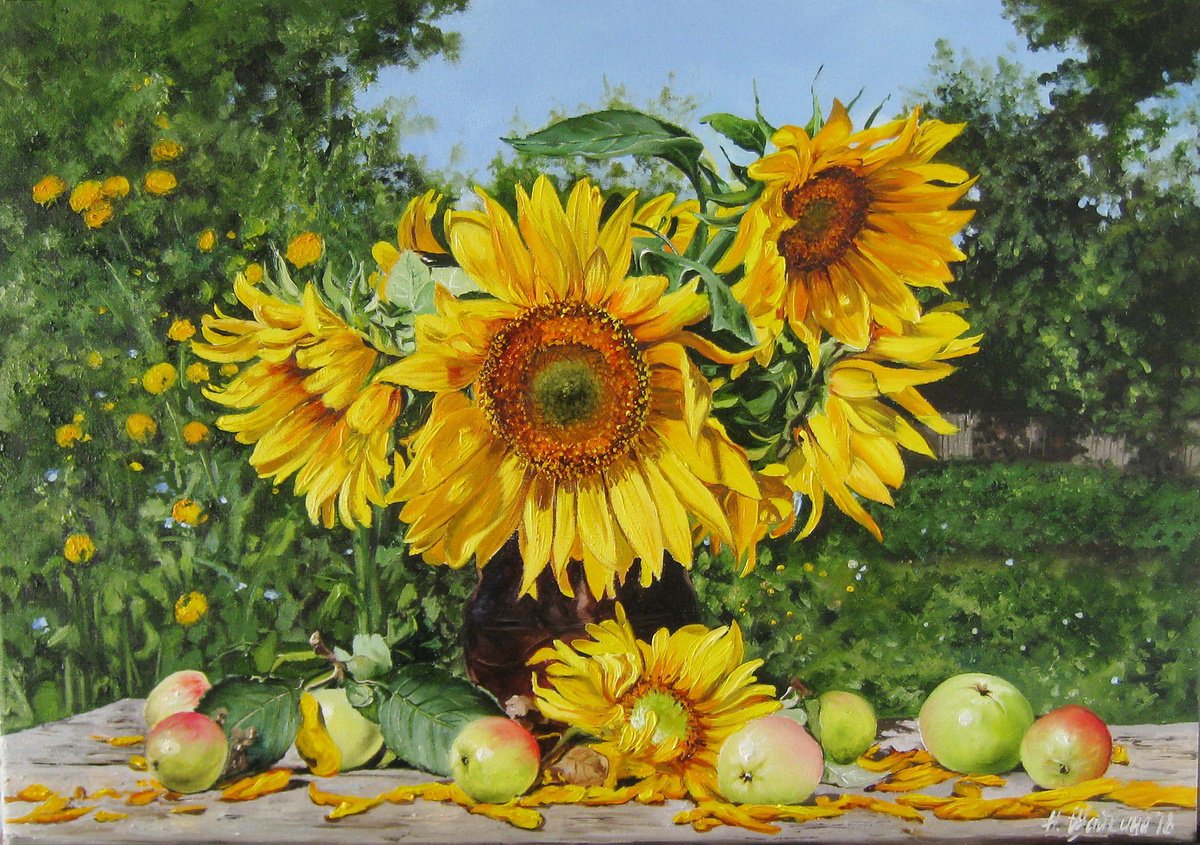 Impressionistic Botanical Oil Painting By Natalia Shaykina, 28 X 20", Sunflowers, Original Artwork
