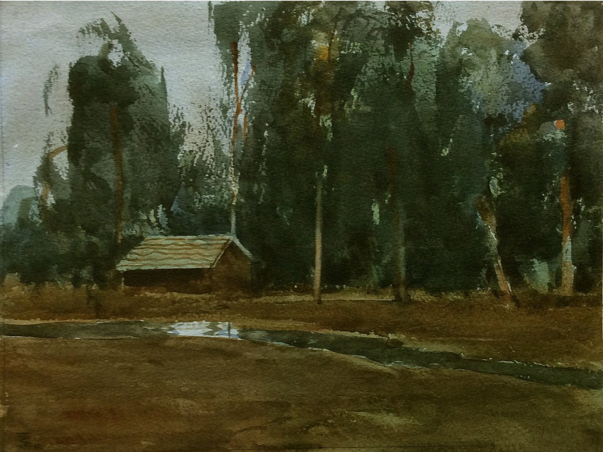 Impressionistic Landscape Watercolour By Riaz Samadhan, 13 X 9", Cottage By The Trees, Original Artwork