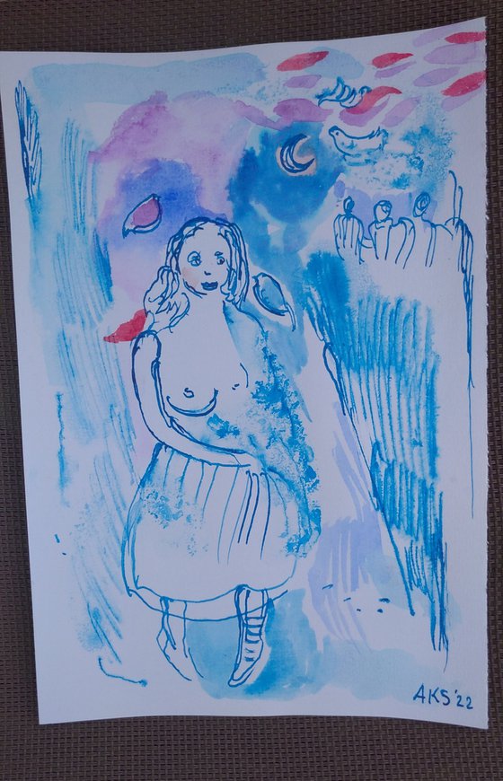 Woman and the bird, 15X21 cm ink drawing and painting
