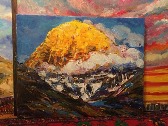 HIMALAYAS.  KAILASH MOUNT - landscape art, mountainscape, mountain, yellow sunset over the mountains 72x91