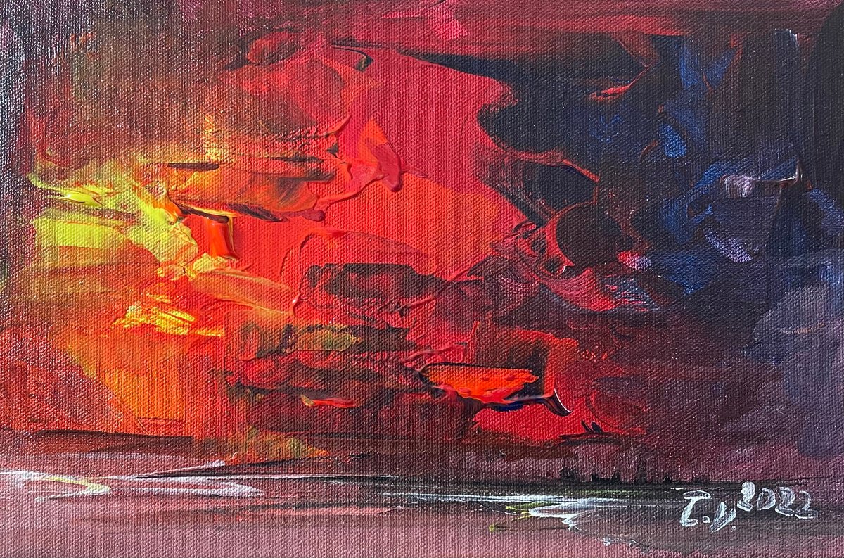 Abstract Landscape Acrylic Painting By Timea Valsami, 13 X 9", Abstract Sunset Ii, Original Artwork