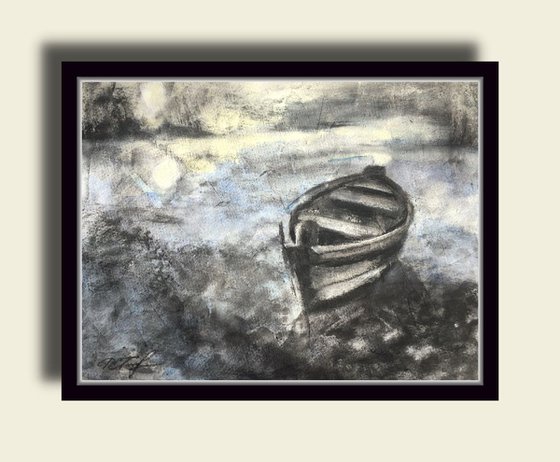 Moonlight On The River Charcoal Drawing