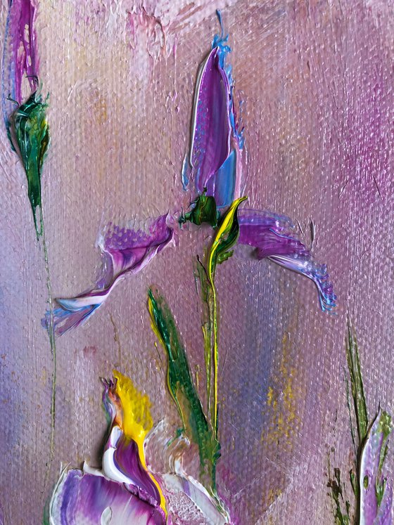 THE MOOD OF THE IRIS - Triptyh. Irises. Flowers. Gift. Lilac color. Bouquet. Garden. Garden flowers. Field irises. Mini-art. Quick painting. The best solution. Gift painting. Postcard. Season. Holidays.