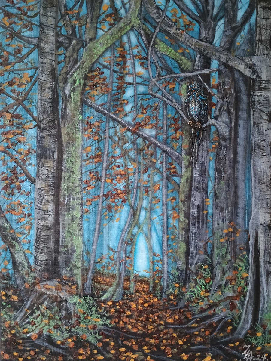 Surrealistic Animal Acrylic Painting By Zoe Adams, 9 X 12", Autumn Tree Tunnel., Original Artwork