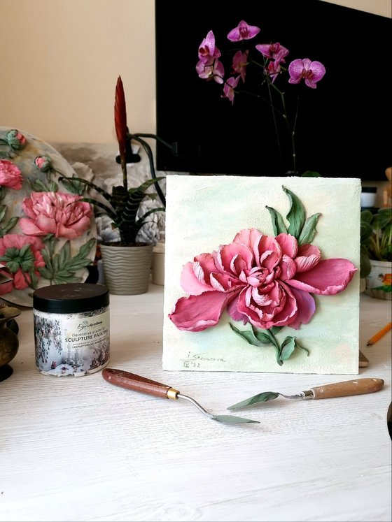 WINE PEONY - BRIGHT ACCENTS WITH PURPLE-RED FLOWERS. Small ceramic sculpture 3d flower with relief petals. Botanical bas-relief.