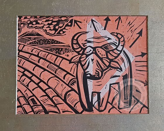 Ox, one of a kind lino print