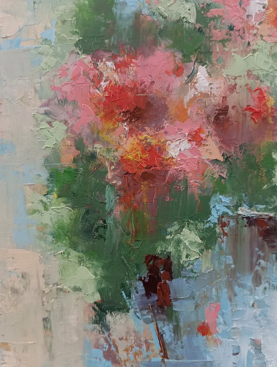 Modern still life painting. Abstract flowers in vase