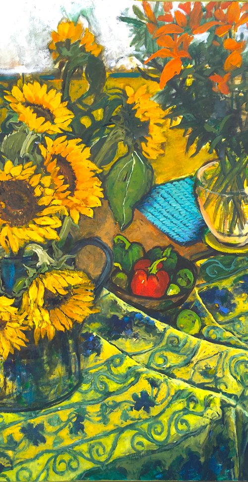 Sunflowers and French Tablecloth still Life, large, by Patricia Clements