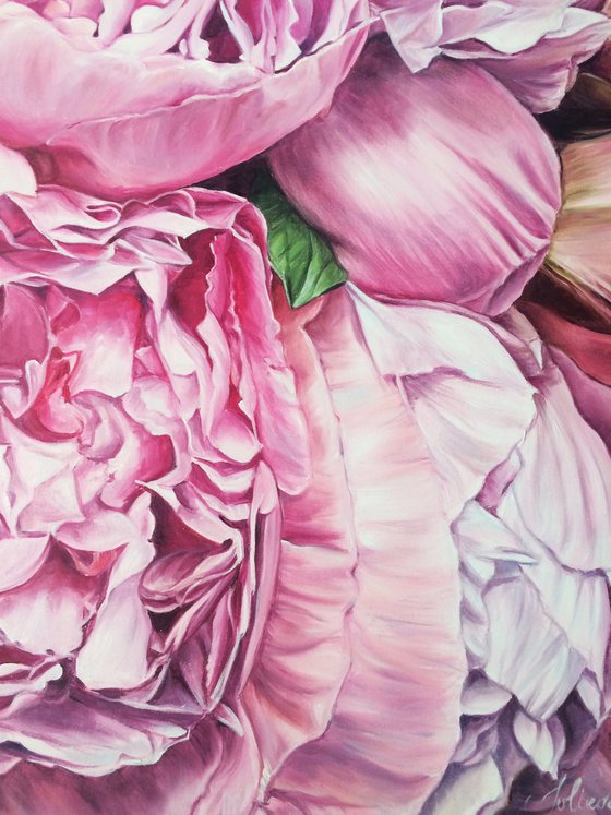 Delicate oil painting with peonies "Pink happiness" 80*70 cm