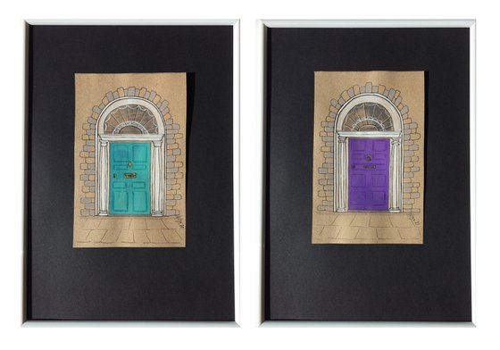 Violet and turquoise doors - Set of 2 architecture mixed media drawings in frames