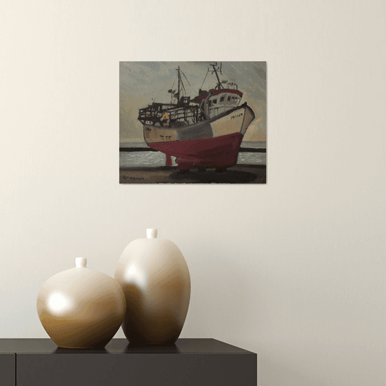 Cornish fishing boat original impressionist oil painting.