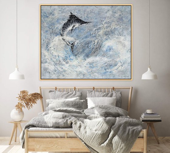 BLUE MARLIN JUMP. Large Abstract Fish Painting