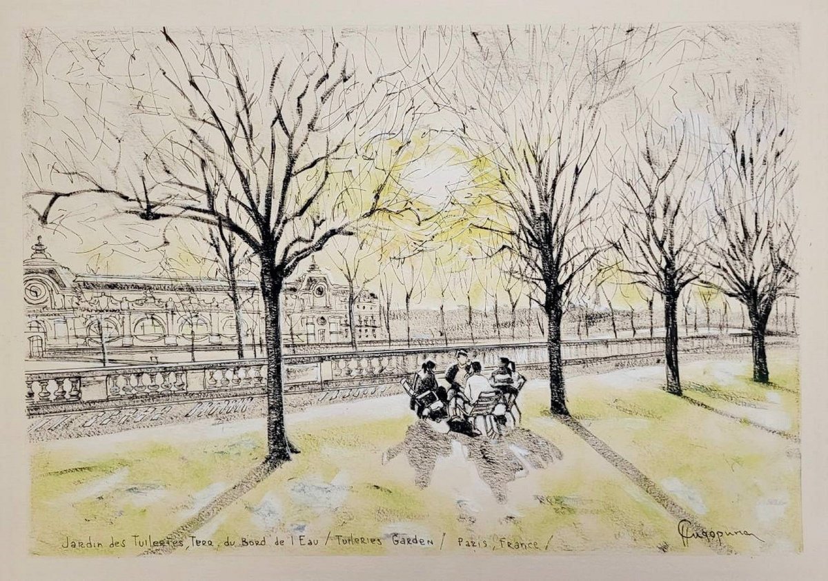 Graphic Cityscapes Drawing By Natalia Sidorina, 17 X 12", Sun On Terr. Du Bord De L