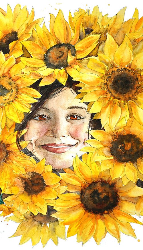 Ukrainian Girl in Sunflowers - Original Watercolor Painting - She is the Future by Yana Shvets