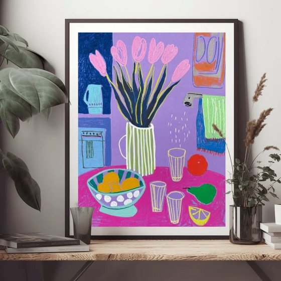 Pink Tulips and Purple Morning