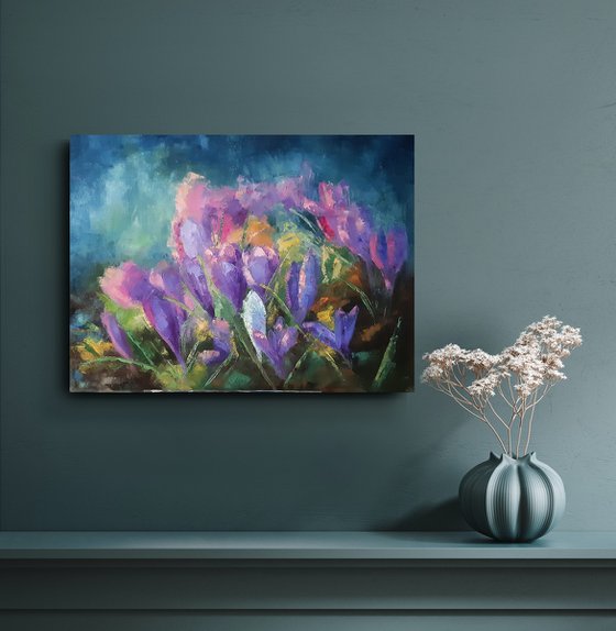 Crocuses - the first spring flowers, spring impression, oil painting, home decor, original gift