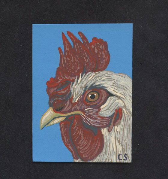 ACEO ATC Original Miniature Painting Rooster Chicken Farmyard Art-Carla Smale