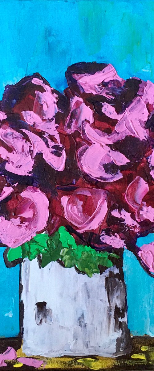 ABSTRACT BOUQUET OF Burgundy Roses  #16 ( NAIVE COLLECTION)  palette  knife Original Acrylic painting office home decor gift by Olga Koval