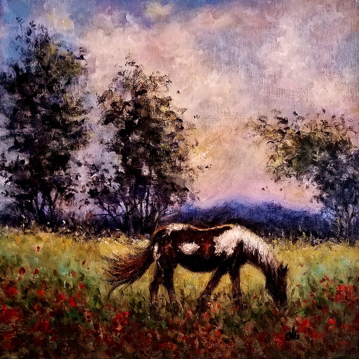 Impressionistic Landscape Acrylic Painting By Cristina Mihailescu, 10 X 10, When The Sun Goes Down.., Original Artwork