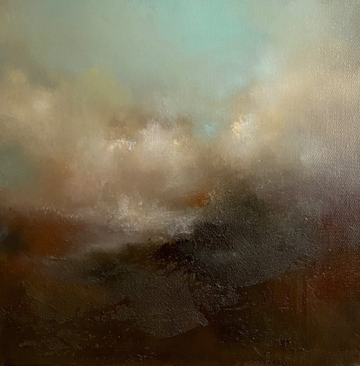 Haze of sensations 30X30 cm - gold particles original oil painting landscape gift modern... by Elena Troyanskaya