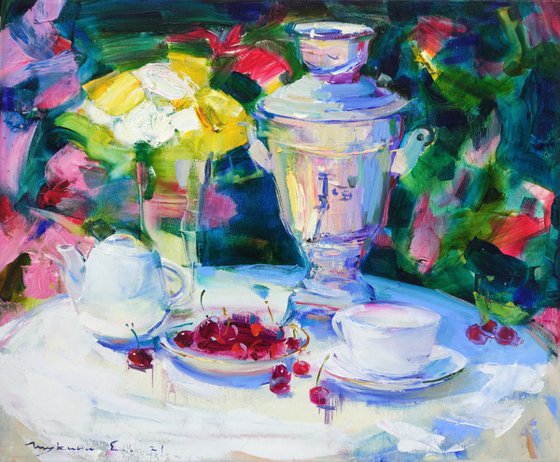 Tea in the garden . Sunny morning . Still life with a samovar . Original Oil Painting