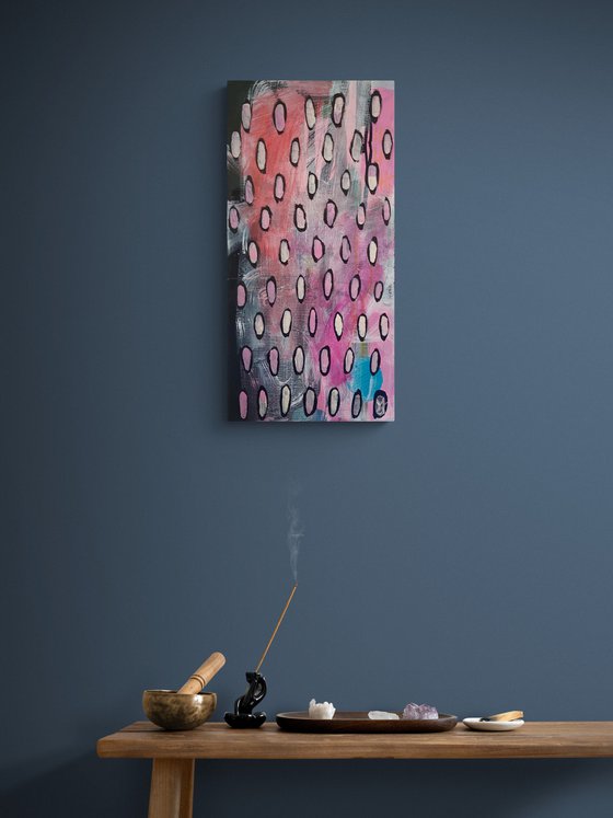 DAILY DOSE- a vertical painting, pink, black and white, circles, modern